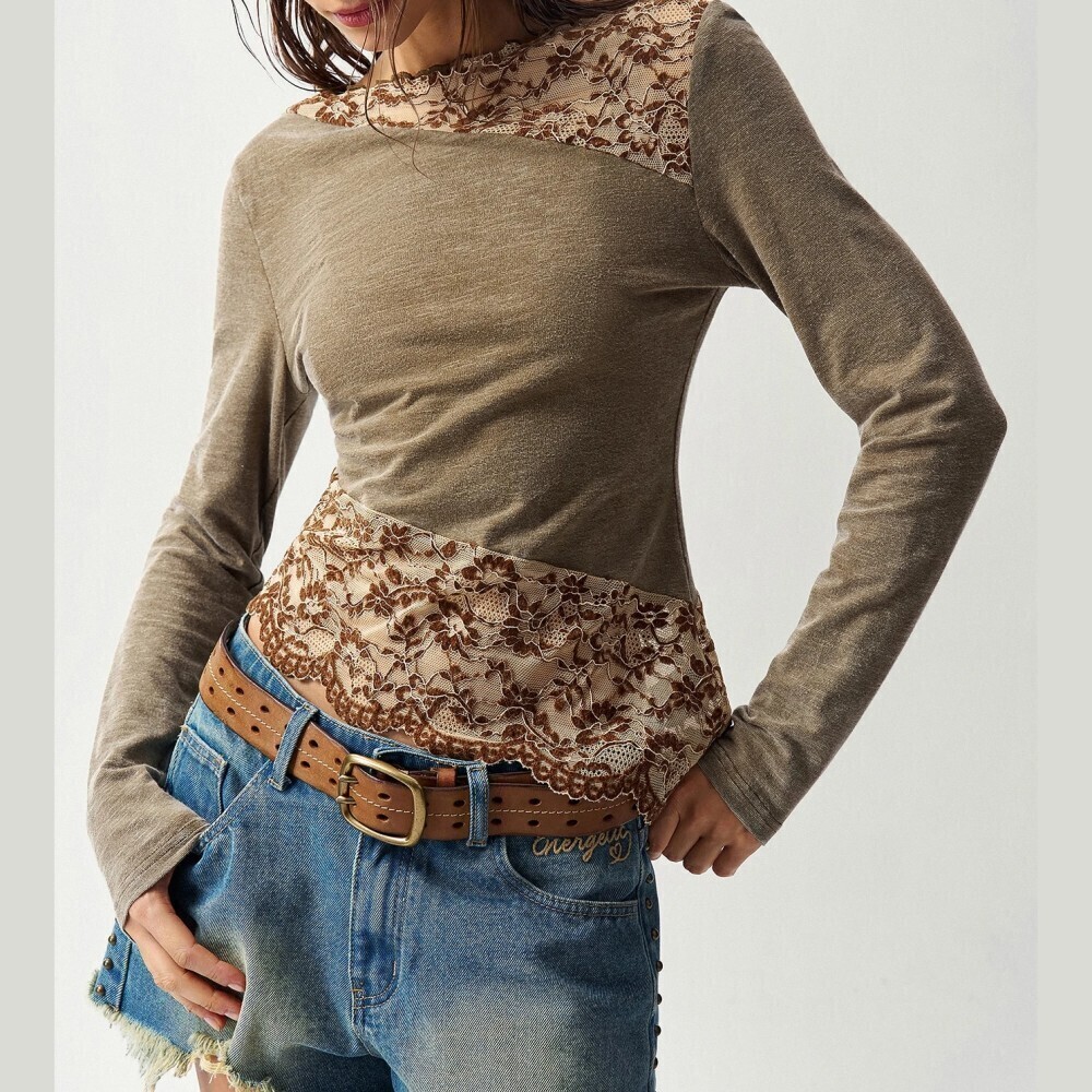 Brown Lace Trim Panel Long Sleeve Slim Fit Knit Top